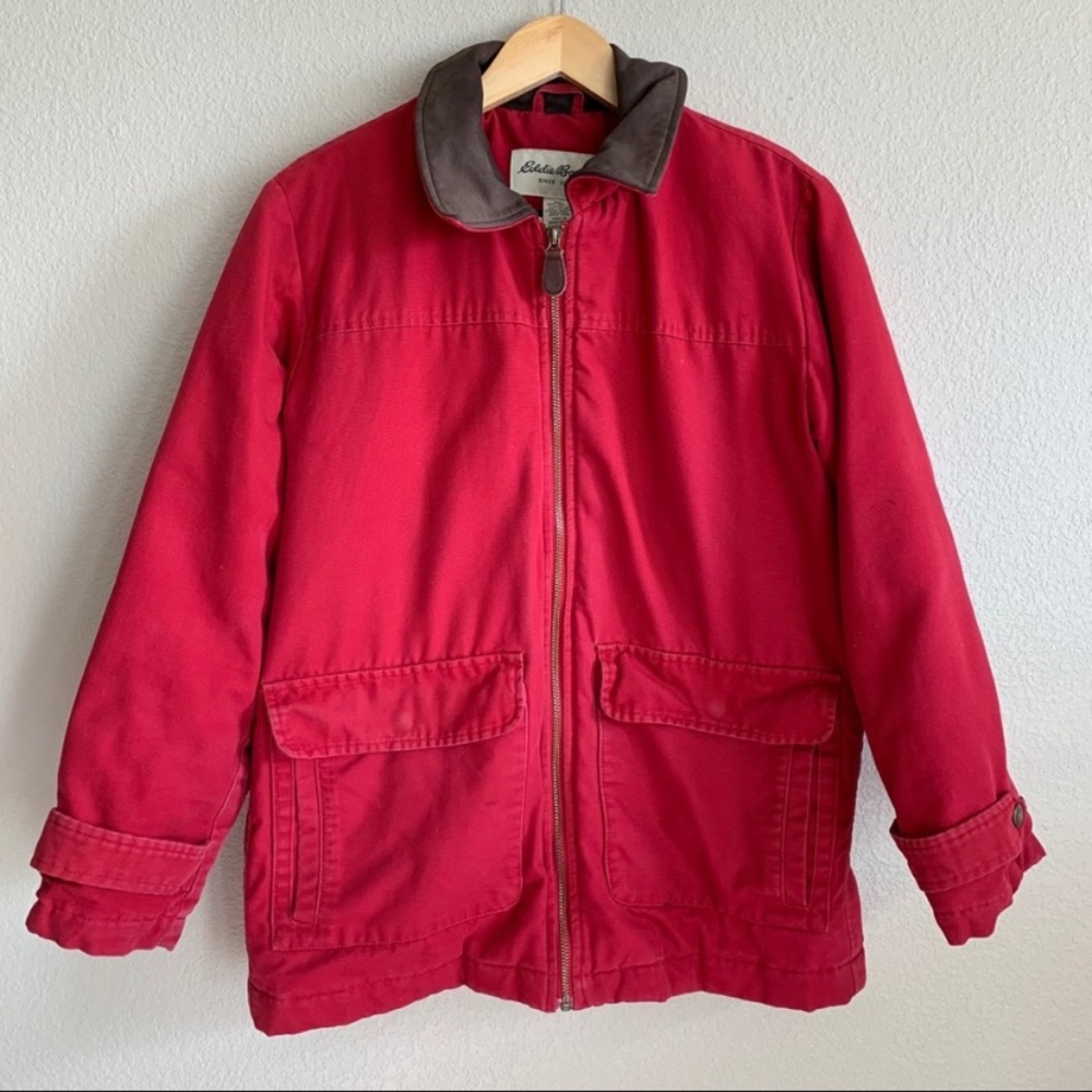 Eddie Bauer Goose Down Leather Collar Coat Small Petite